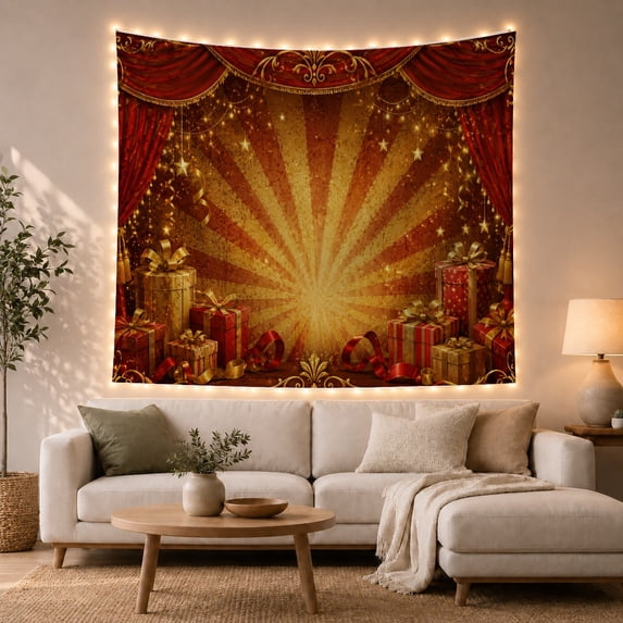 Red and Gold Gifts Beneath Theater Curtains, Dramatic Vintage for Holiday Fans, Festive Stage Decor, Christmas Gift, Tapestry Wall Hanging for Living Room and Studio