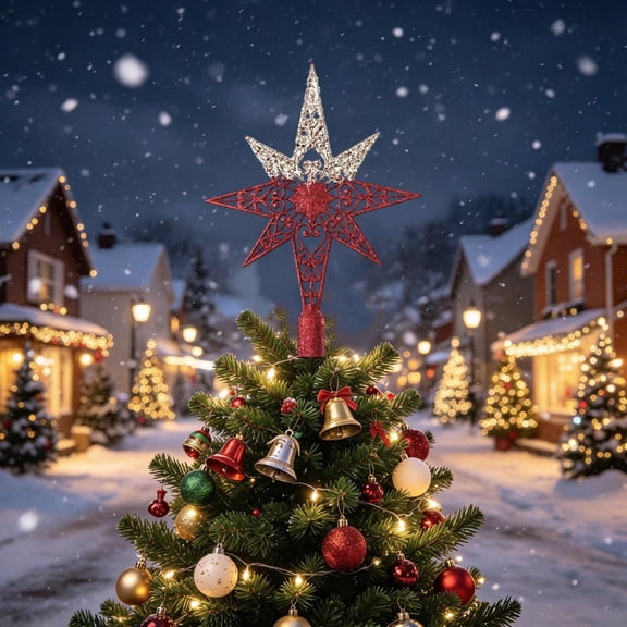 Red and Gold Glitter Christmas Tree Topper Star, 10-Inch Wide Hollow Carved Tree Top Ornament, Lightweight Plastic Xmas Decoration for Holiday Display