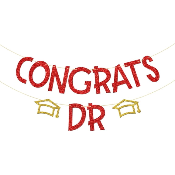 Red Gold Glitter Congrats Dr Banner with Graduation Cap Cutouts, Doctor Medical School Graduation Party Decor