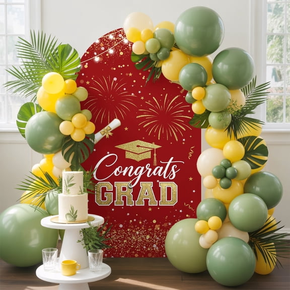 Red Gold Graduation Cap Arch Backdrop Cover, 5FT, Graduates Celebration Fireworks Classic Spandex Arch Covers Double-Sided Backdrop for Wedding Birthday Party Photo Background Decoration