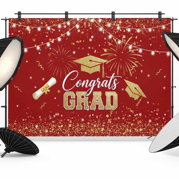 Red Gold Graduation Cap Backdrops for Photography, Graduates Celebration Fireworks Classic Fabric Photo Background Sturdy Studio Props for Photo Studio, Video Recording, Booth & Photoshoot 10x8ft