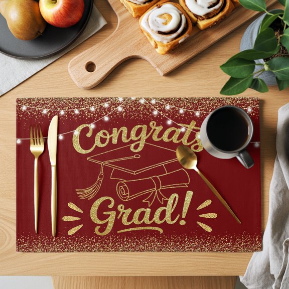 Red Gold Graduation Cap Placemats Set of 12, Sequins Light Festive Celebration Non-Slip Place Mats Washable Table Mats for Kitchen Dining Table Decorations Indoor/Outdoor