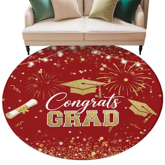 Red Gold Graduation Cap Round Living Room Rugs 6 ft, Graduates Celebration Fireworks Classic Washable Area Rug with Non-Slip Sturdy Edge Binding Round Carpet for Kitchen Office Bedroom