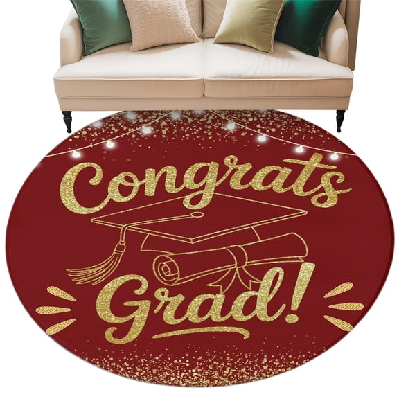 Red Gold Graduation Cap Round Living Room Rugs 6 ft, Sequins Light Festive Celebration Washable Area Rug with Non-Slip Sturdy Edge Binding Round Carpet for Kitchen Office Bedroom