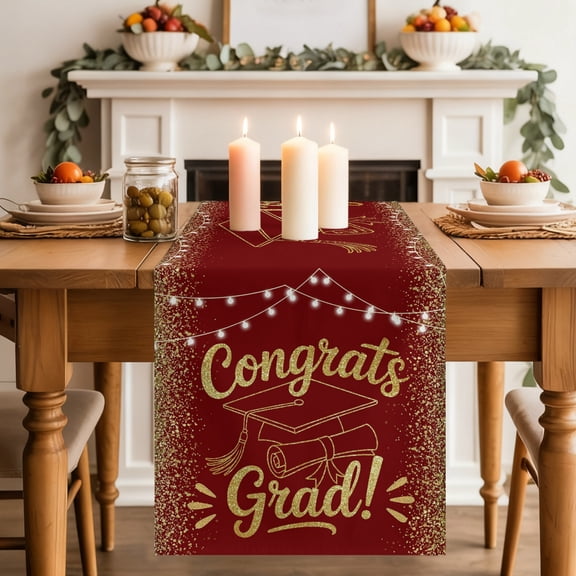 Red Gold Graduation Cap Table Runner 13x120 Inch Sequins Light Festive Celebration Cotton Linen Dining Table Runner Ideal for Dresser Kitchen Coffee Tables - Machine Washable