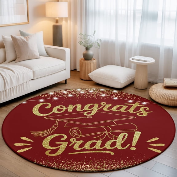Red Gold Graduation Cap Washable Round Area Rug 3 ft, Sequins Light Festive Celebration Soft Non Slip Rugs Stain Repellent Indoor Felt Carpet for Living Dining Room Bedroom Home Office