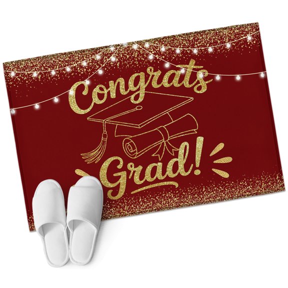 Red Gold Graduation Cap Washable Small Entryway Area Rugs 2'x3', Sequins Light Festive Celebration Low Pile Throw Rug Non-Slip Sturdy Edge Binding Carpet for Front Door Floor Room Entry