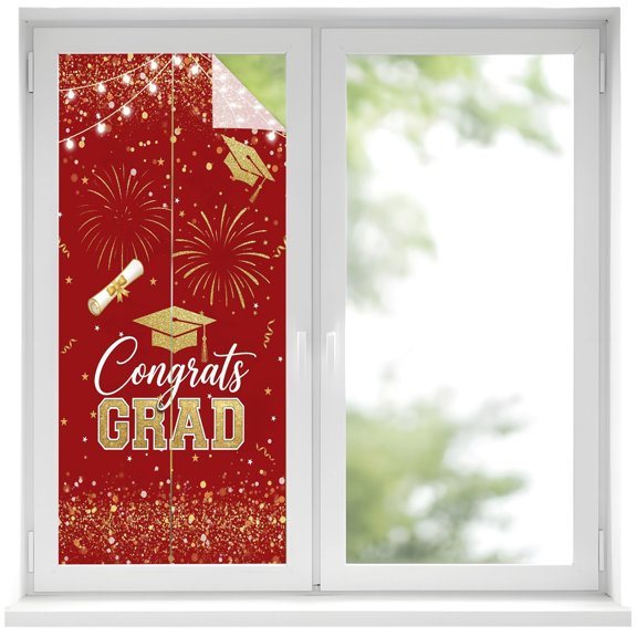 Red Gold Graduation Cap Window Privacy Film, Graduates Celebration Fireworks Classic Frosted Glass Window Clings Static Cling UV Heat Blocking Reusable Door Sticker for Bathroom 17.7 x 39.3 Inch