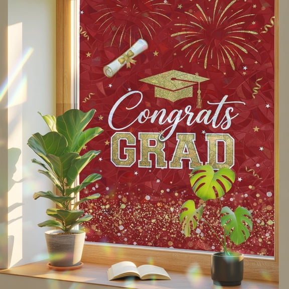 Red Gold Graduation Cap Window Privacy Film, Graduates Celebration Fireworks Classic Stained Glass Rainbow Film Decorative Window Clings, Static Cling Sun Blocking Stickers 19.6" x 39.3"