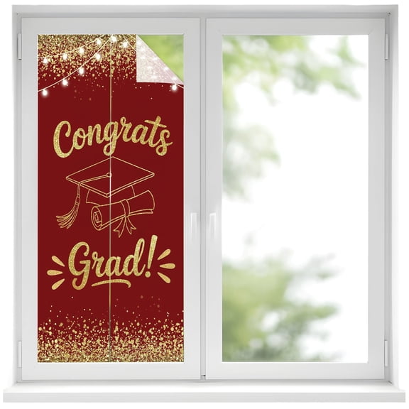 Red Gold Graduation Cap Window Privacy Film, Sequins Light Festive Celebration Frosted Glass Window Clings Static Cling UV Heat Blocking Reusable Door Sticker for Bathroom 19.6 x 39.3 Inch