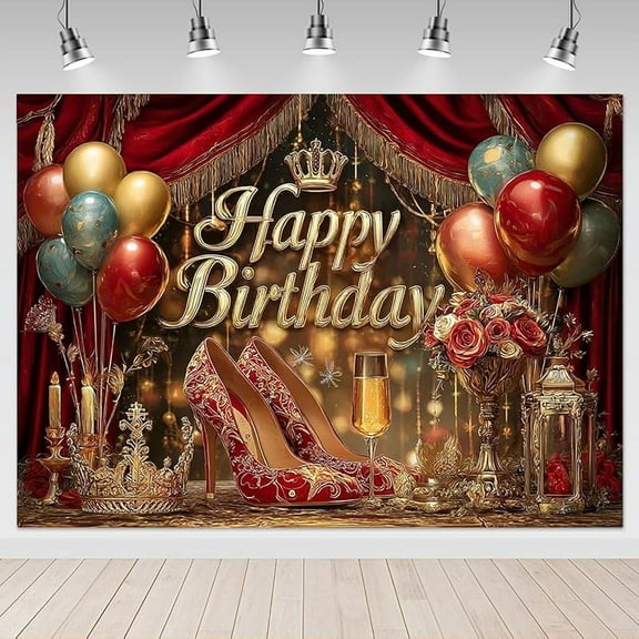 Red Gold Happy Birthday Backdrop Luxurious Red Curtain Heels Birthday Photography Background for Women Girls Golden Crown Rose Balloons Birthday Party Decorations Banner Supplies Photo Booth Props