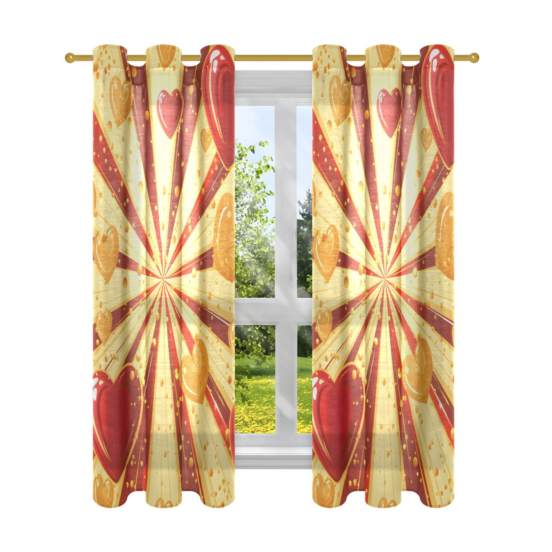 Red Gold Hearts and Ray Sheer Curtains 2 Panels Set Grommet Drapes for Bedroom Living Room 52" W x 63" L