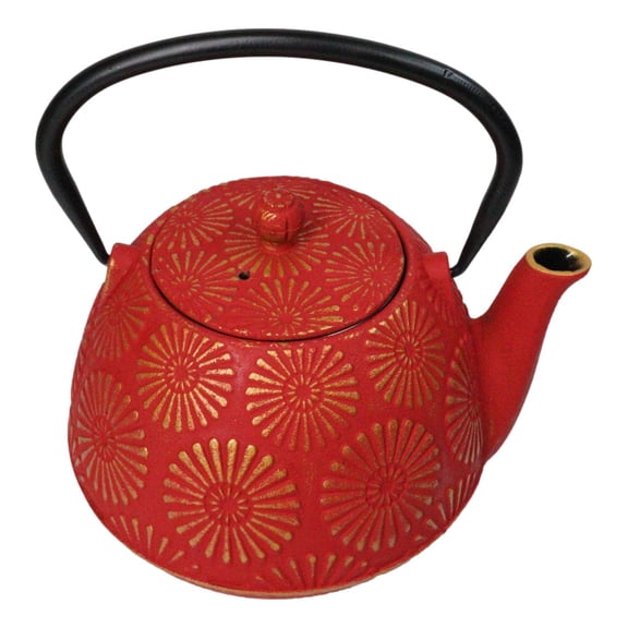 Red Gold Kiku Chrysanthemum Floral Design Large Cast Iron Tetsubin Teapot 40oz