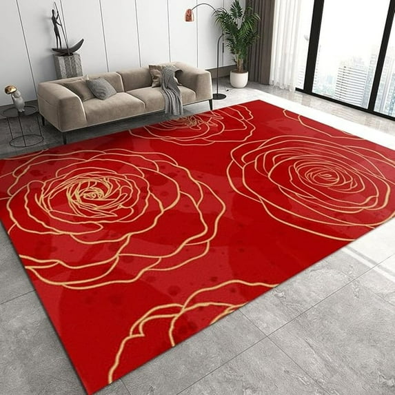 Red Gold Lines Flowers Area Rug, Golden Rose Flower Home Decor Rug, Easy Clean Carpet With Anti-Slip Backing Durable Not Falling Off For Bedroom Living Room Dining Room Office 4x5ft
