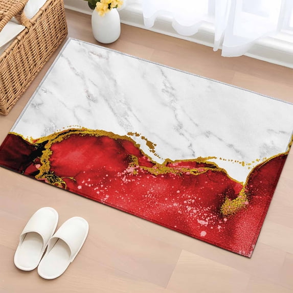 Red Gold Marble 2'x3' Washable Rug, Modern Abstract Marble Crack Texture Non-Slip Soft Doormat Area Rugs for Entrance Bathroom Bedsides, Front Doormat Carpet for Kitchen Bedroom, Entryway Floor Mat