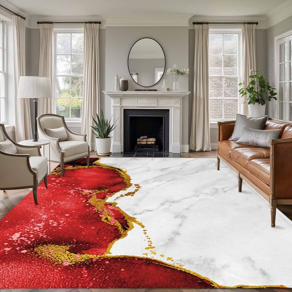 Red Gold Marble 5'x7' Area Rug, Modern Abstract Marble Crack Texture Washable Non-Slip Soft Rugs, Low-Pile Large Carpet for Living Room Bedroom Dining Room, Non-Shedding Accent Rug