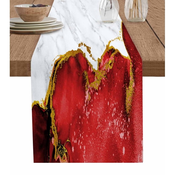 Red Gold Marble Burlap Cotton Table Runner 16x72 Inches Long, Modern Abstract Marble Crack Texture Farmhouse Table Runners, Outdoor Dining Tablecloths Decor for Baby Shower/Party/Wedding