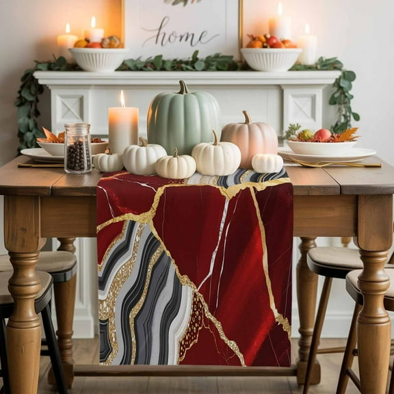 Red Gold Marble Cotton Linen Table Runner, Washable Table Runners for Kitchen, Dining Room, Holiday, Home Party Table Decor, 13x36 Inches