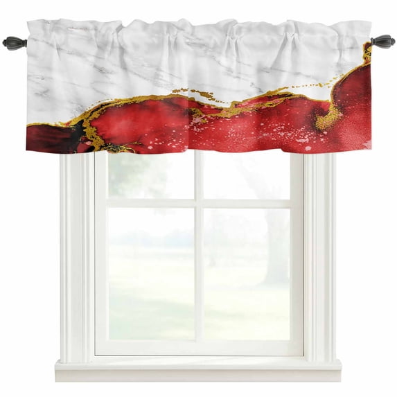 Red Gold Marble Farmhouse Short Window Curtain Valances, Modern Abstract Marble Crack Texture Rod Pocket Kitchen Valances for Living Room Bedroom Bathroom Cafe 42" x 12"