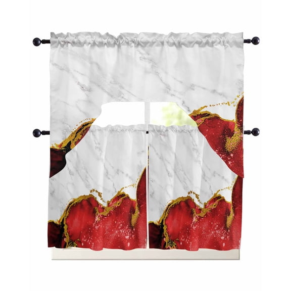Red Gold Marble Kitchen Curtains Sets 36 Inch Length with Valance, Modern Abstract Marble Crack Texture Swag Valances and Tiers Curtain Set Drapes Swag Curtains for Living Room, Bathroom, Bedroom