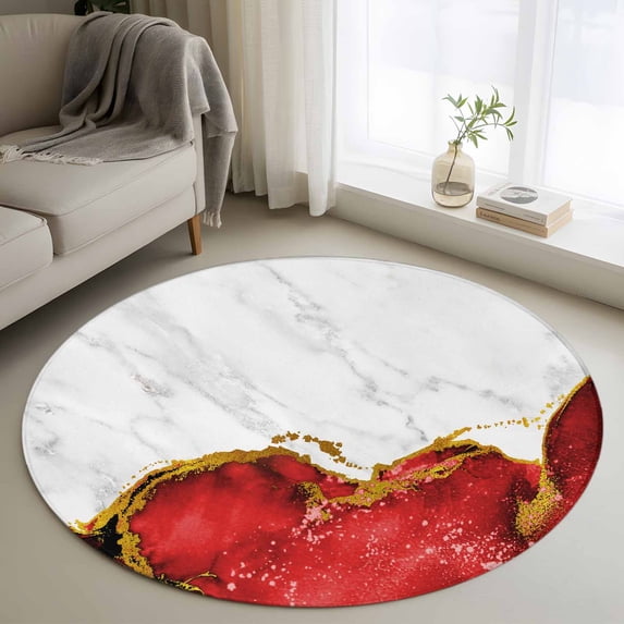 Red Gold Marble Round Area Rug 4ft, Modern Abstract Marble Crack Texture Washable Non-Slip Circle Rugs for Bedroom Living Room Kitchen, Soft Non Shedding Circle Carpet for Dining Room Dorm