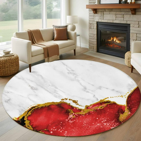 Red Gold Marble Round Rug 5ft Washable Circle Kitchen Rugs Non Slip Modern Abstract Marble Crack Texture Large Area Rug Indoor Floor Carpet for Bedroom Living Room Home Office Dining Room Nursery