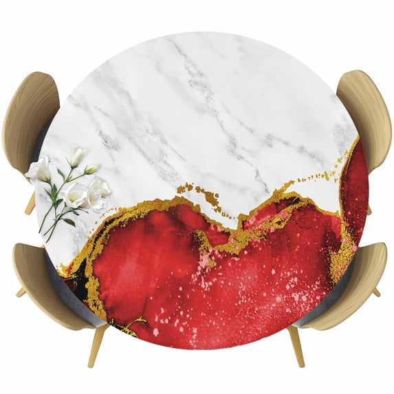 Red Gold Marble Round Tablecloth, Fitted Table Cover with Elastic for 55"-60" Round Tables, Modern Abstract Marble Crack Texture Table Cloth Outdoor Indoor Dinning Party Waterproof Tablecloths