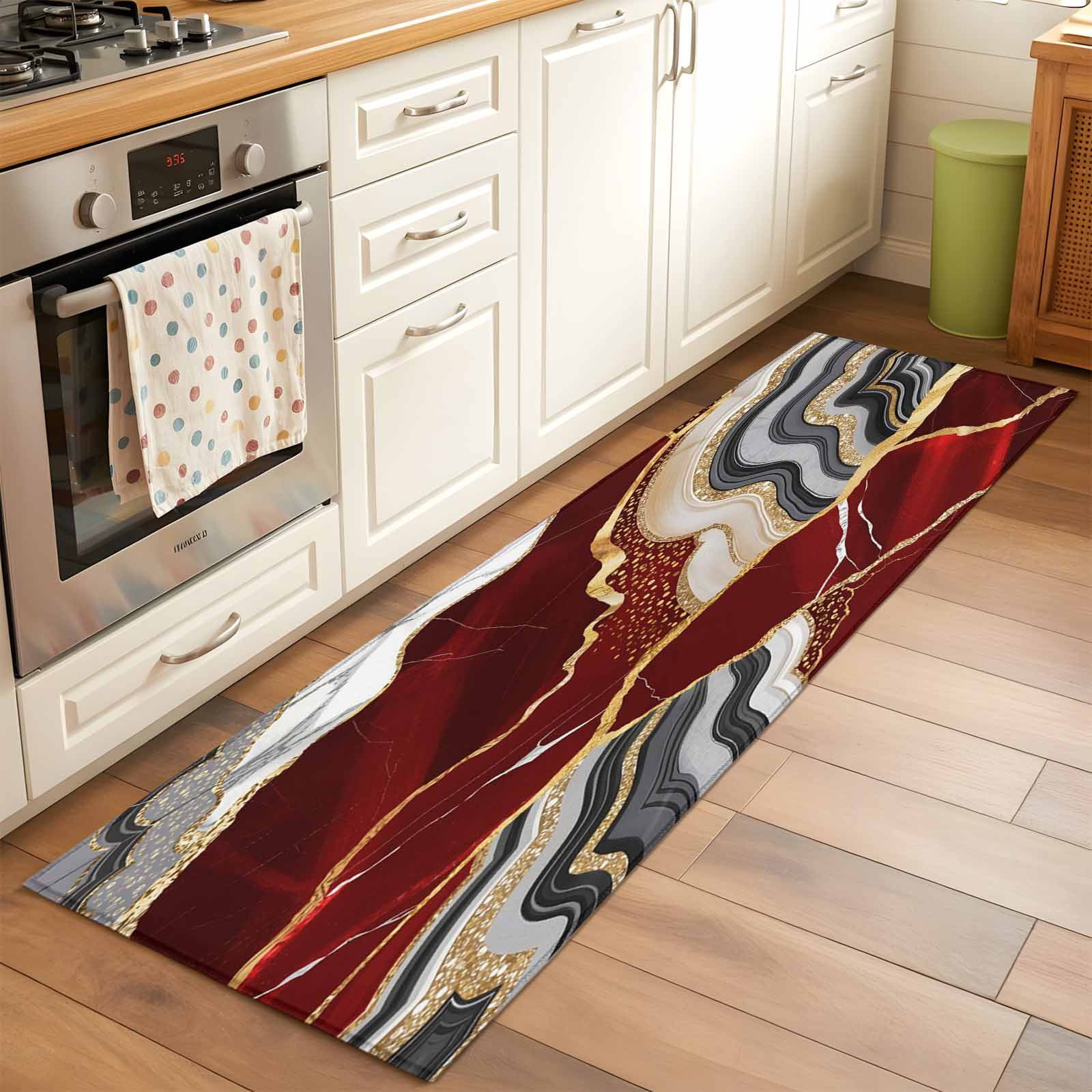Red Gold Marble Runner Rugs 2x6 ft Glitter Geometric Marble Foil Texture Washable Hallway Rugs Non-Slip Floor Mats Absorbent Carpet Bedside Runners for Bedroom Kitchen Bathroom Laundry Room