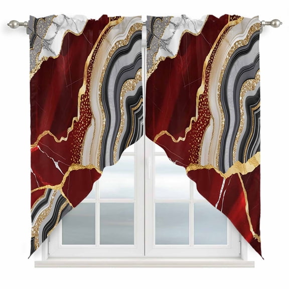 Red Gold Marble Swag Valances for Windows 2 Pack Glitter Geometric Marble Foil Texture Swag Kitchen Curtains 36 Inches Long Rod Pocket Short Window Treatment for Kitchen Bathroom 36"x36"