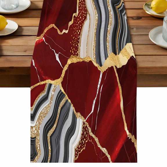 Red Gold Marble Table Runner, Glitter Geometric Marble Foil Texture Cotton Linen Table Cloth, Tablerunner for Kitchen Dining Party Wedding Home Decor 13x36 Inch