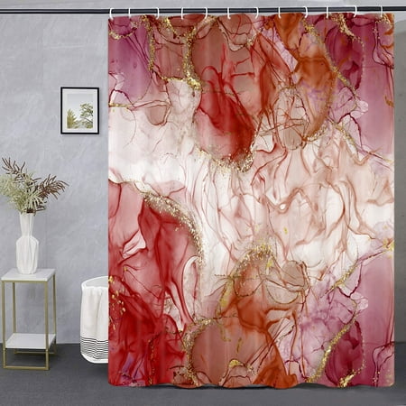 Red Gold Marble Texture Shower Curtain Sets, Abstract Modern Fabric Shower Curtain for Bathroom, 3D Printing Durable Waterproof Washable Bath Curtain with Hooks 72X84in
