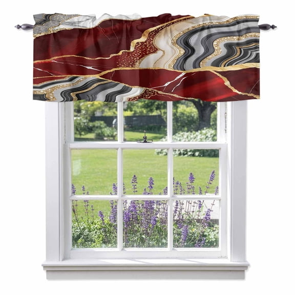 Red Gold Marble Valance Curtain Glitter Geometric Marble Foil Texture Window Valances Rod Pocket Short Curtains Window Treatments for Kitchen Bedroom Bathroom Laundry 42" x 12"