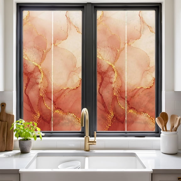 Red Gold Marble Window Privacy Film Abstract Gradient Stone Crack Texture Modern Non Adhesive Window Cling Stickers Static Cling Glass Decals for Home Party Decoration 17.7 x 39.3 in