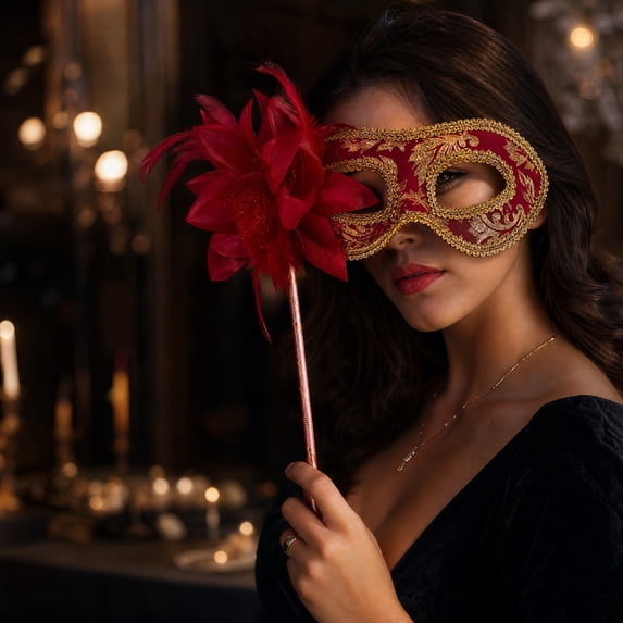Red Gold Masquerade Mask for Women 12 Inch, Masquerade Mask with Stick Venetian Masquerade Masks for Masquerade Party Mardi Gras Accessory, 1 Piece