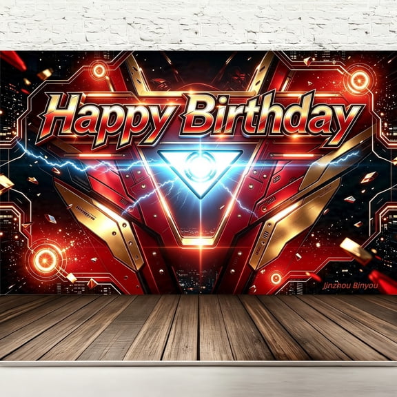 Red Gold Mecha Warrior Arc Triangle Birthday Backdrop 71x43in, Sci-Fi Robot City Lightning Photo Banner, Polyester Decor, Hemmed Edges & Metal Grommets, Hanging Rope for Boys Superhero Birthday Party