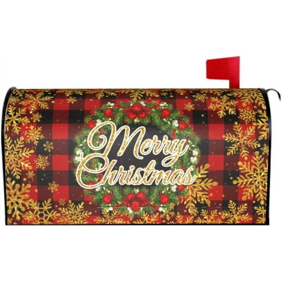 Red Gold Merry Christmas Mailbox Covers Magnetic Oversized 25.5 X 21 mas Wreath Snowflakes Plaid Holiday Decorations Large Size Mailbox Wrap Post Letter Box Covers Xmas Decor for Outdoor Home Garden