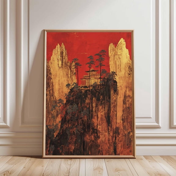 Red Gold Mountain Temple Poster, Asian Cliff Palace Wall Art, Dramatic Oriental Landscape Print, Collection, Wall Art, Home Decor, Art Print, Unique Decorative Poster, Office Bedroom, Unframed 8X12