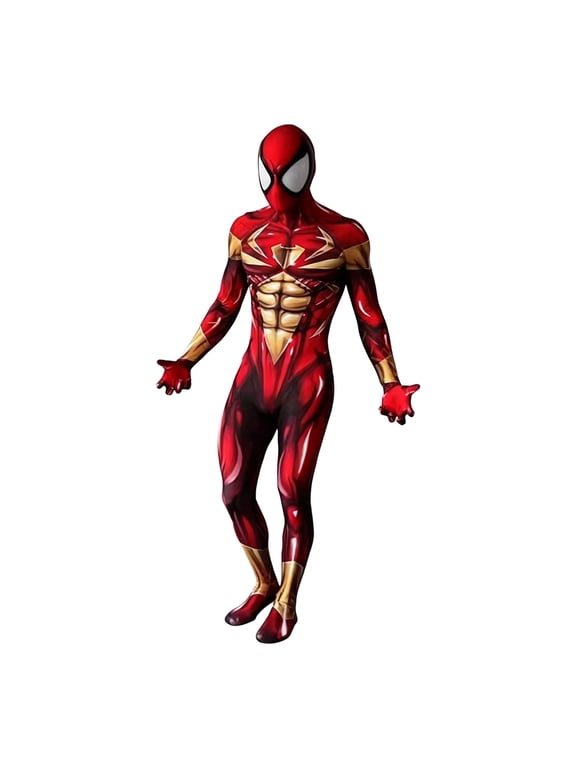Spider Superhero Nano Armor Patterned Bodysuit Jumpsuits, Full Body Zentai Suit with 3D Headpiece for Halloween Stage Performance in Red for Adults & Men