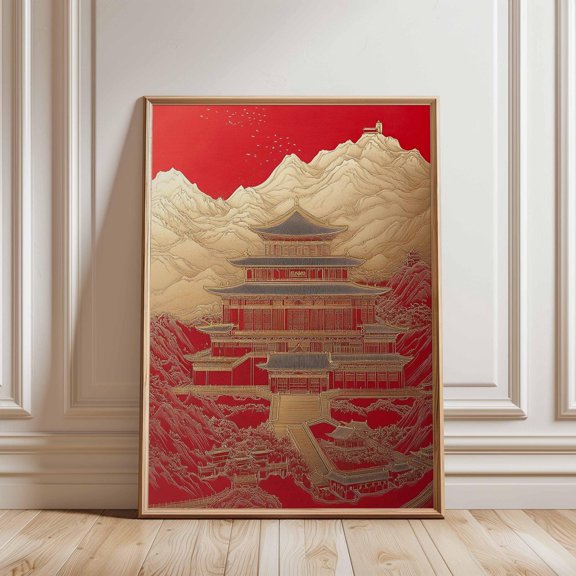 Red Gold Palace Poster Asian Temple Mountain Wall Art Japanese Ink Style Landscape Print
