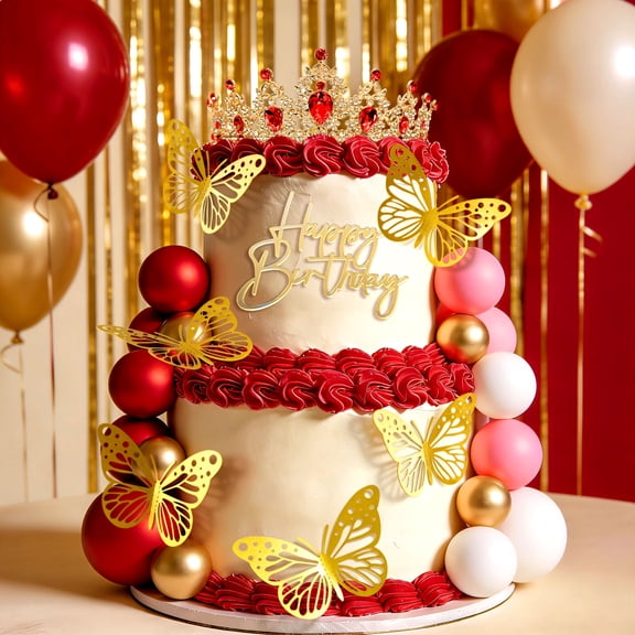 Red Gold Queen Crown Cake Topper Set - 26-Piece Luxury Party Decoration for Birthday Wedding Bridal Showers
