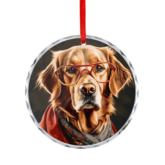 Red Gold Retriever in Glasses Xmas Ornament Hanging Craft Collectibles for Xmas Trees Home Party Gifts for Dog Lover Round Glass Hanging Ornament