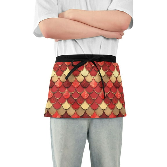 Red Gold Scales Server Apron with 3 Pockets Waterproof Waitress Waist Short Apron for Man Woman 12 Inches