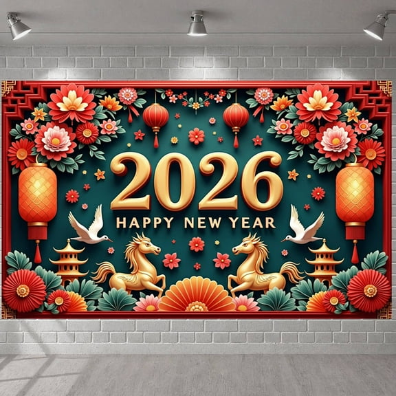 Red Gold Theme 2026 New Year Banner Floral Pattern Happy New Year Display Lantern Design Golden Horse Lunar New Year Backdrop for New Year Celebration Lunar New Year Party Spring Festival Decoration