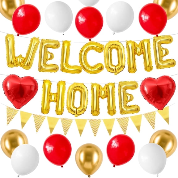Red Gold Welcome Home Decorations Kit, Gold WELCOME HOME Foil Letter Banner Red Heart Foil Balloons Triangle Pennant Bunting Red White Metallic Gold Latex Balloons for Housewarming Family Party Suppl
