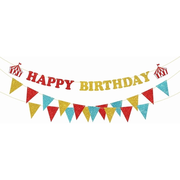 Red, Gold and Blue Glitter "Happy Birthday" Banner with Circus Tent and Pennant Flag Decorations, Carnival Themed Birthday Party Supplies