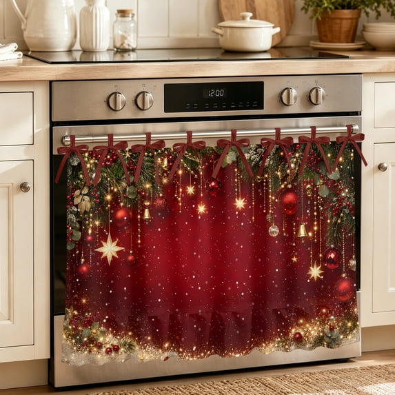 Red Golden Christmas Oven Skirt for Farmhouse Kitchen Décor, Xmas Pine Needles Balls Berry Oven Curtain Tie Top Decorative Stove Skirt, Cabinet Dish Washer Curtains with 8 Ribbon Ties 32"x24"