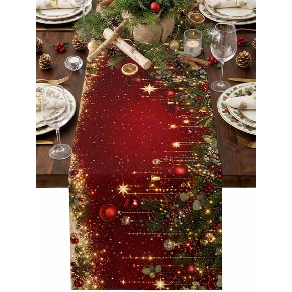 Red Golden Christmas Table Runner, Xmas Pine Needles Balls Berry Washable Cotton Linen Table Runners 90 Inches Long, Dresser Scarf Runner for Dining/Coffee/Kitchen/Hallway Tables 13''x90''