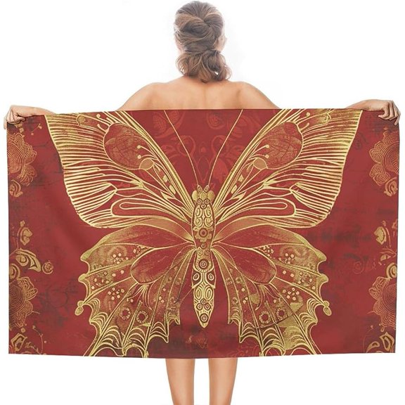Red Golden Ornate Butterfly Beautiful Beach Towel Sand Free Swim Towel Ultra Quick-Dry Absorbent Bath Towels for Beach, Pool, Travel, Yoga - Lightweight & Compact for Adults Gift