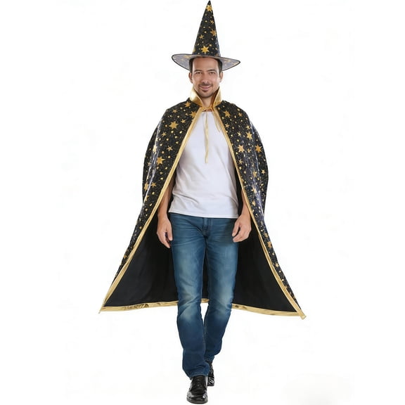 Red Gold Star Wizard Cape With Pointed Hat Halloween Cosplay Costume Set, Magician Witch Cloak Robe Halloween Party Masquerade Dress Up Costume Outfit