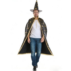 Red Gold Star Wizard Cape With Pointed Hat Halloween Cosplay Costume Set, Magician Witch Cloak Robe Halloween Party Masquerade Dress Up Costume Outfit